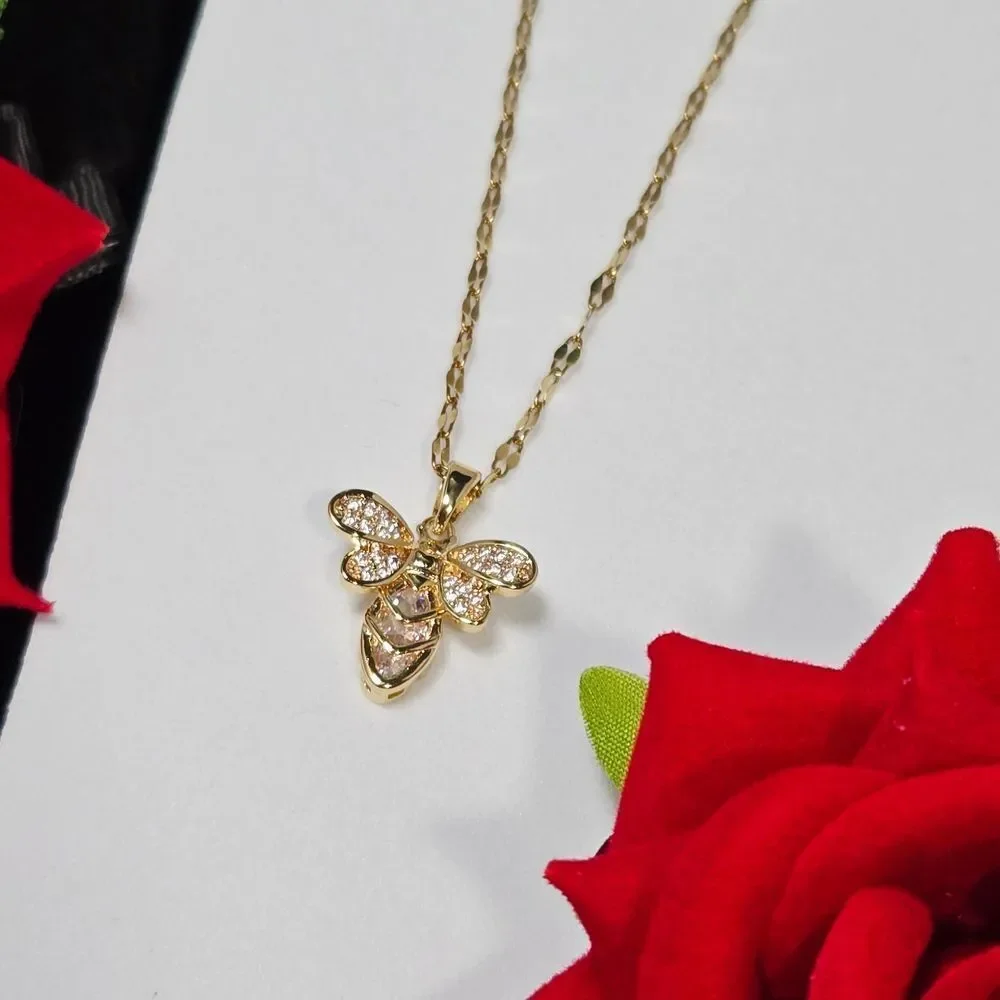 Elegant Gold Bee Pendant White CZ Stainless Steel Dainty Necklace Minimalist